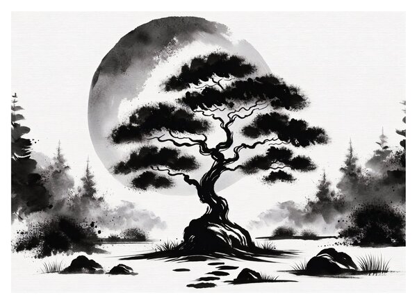 Üveg kép – Fekete-fehér bonsai (70x50 cm)