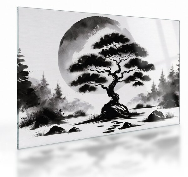 Üveg kép – Fekete-fehér bonsai (70x50 cm)