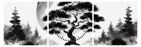 Kép – Fekete-fehér bonsai (órával) (90x30 cm)
