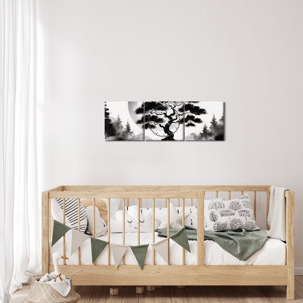 Kép – Fekete-fehér bonsai (órával) (90x30 cm)