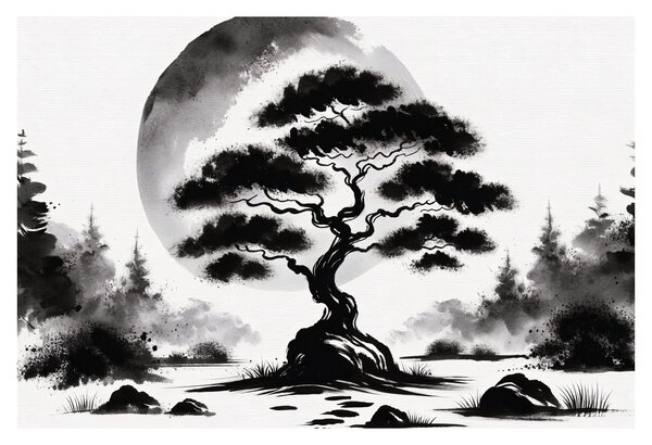 Kép – Fekete-fehér bonsai (90x60 cm)