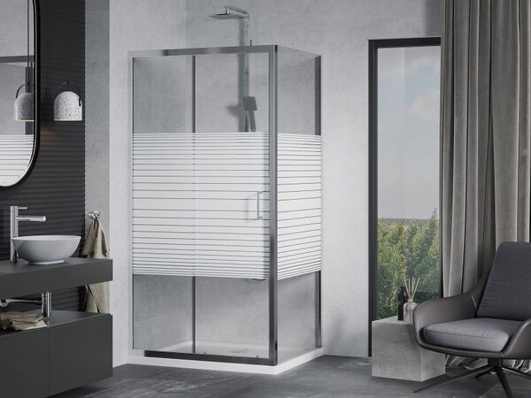 Mexen Apia tolóajtós zuhanykabin 100 x 70 cm, fehér csíkok, króm + Flat zuhanytálca - 840-100-070-01-20-4010