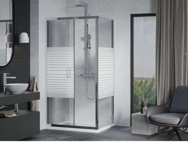 Mexen Apia tolóajtós zuhanykabin 100 x 70 cm, fehér csíkok, króm + Flat zuhanytálca - 840-100-070-01-20-4010