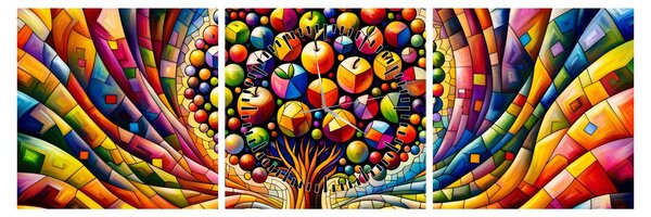 Kép – Színes fa almákkal (órával) (90x30 cm)