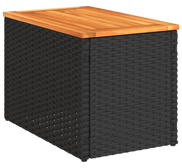 2 db fekete polyrattan és tömör fa kerti kisasztal 55x34x37 cm