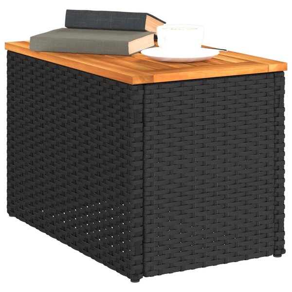 2 db fekete polyrattan és tömör fa kerti kisasztal 55x34x37 cm
