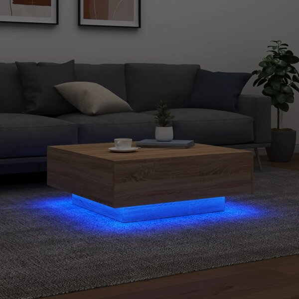 Sonoma tölgy színű dohányzóasztal LED-lámpákkal 80 x 80 x 31 cm