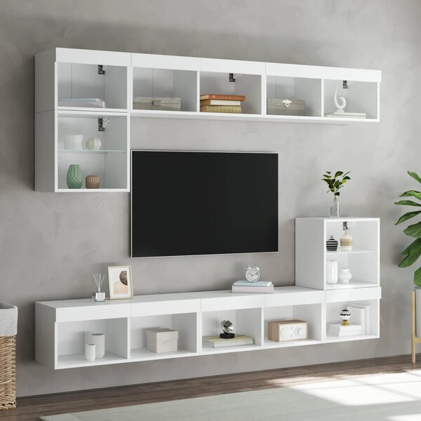 8 darab fehér szerelt fa fali TV-bútor LED-del