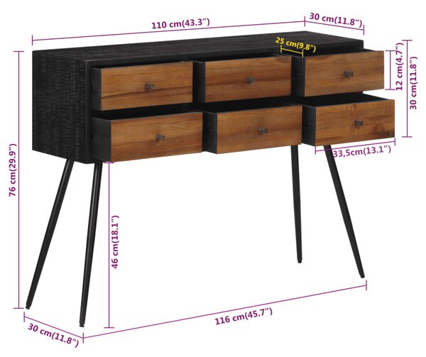 Tömör újrahasznosított tíkfa tálalóasztal fiókkal 116x30x76 cm