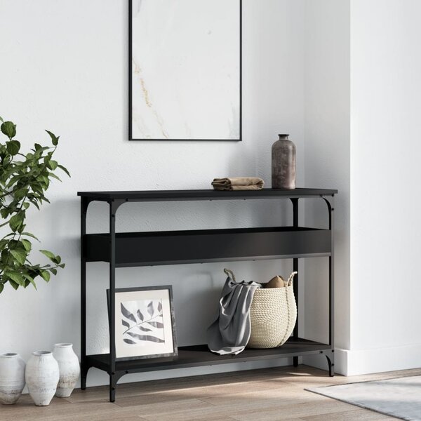 Fekete szerelt fa tálalóasztal polccal 100x29x75 cm