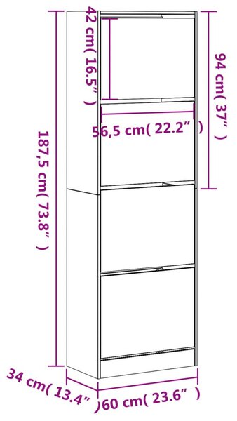 Füstös tölgy cipőszekrény 4 kihajtható fiókkal 60x34x187,5 cm