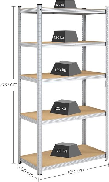 Polc 5 szintes, Songmics, 50 x 100 x 200 cm, ezüst, GLR050E01