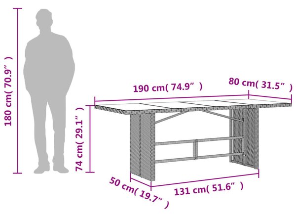 Szürke polyrattan üveglapos kerti asztal 190x80x74 cm