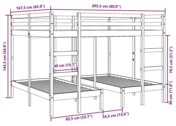 Tömör fenyőfa tripla emeletes ágykeret 160x200/80x160 cm