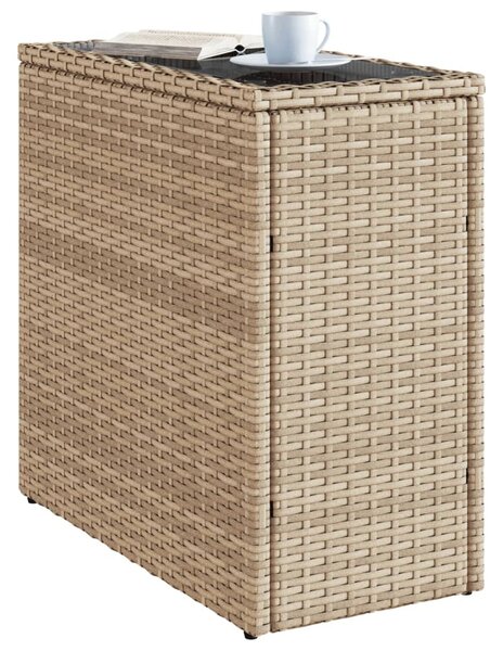 Bézs polyrattan kerti kisasztal üveg asztallappal 58x27,5x55 cm