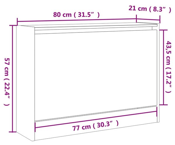 Füstös tölgy színű szerelt fa cipőszekrény 80 x 21 x 57 cm
