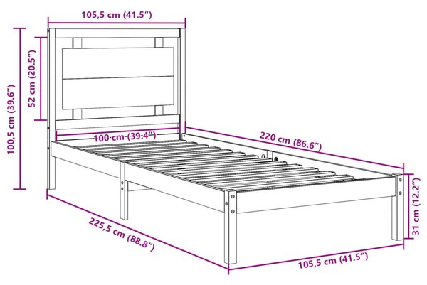 Tömör fa extra hosszú ágykeret matrac nélkül 100 x 220 cm