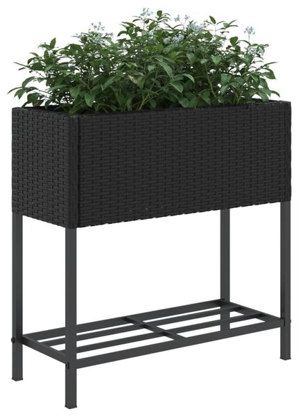 Fekete polyrattan kerti ültetőláda polccal