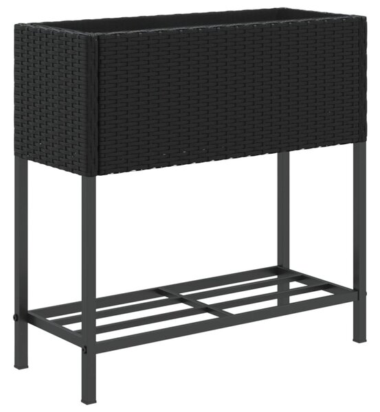 Fekete polyrattan kerti ültetőláda polccal