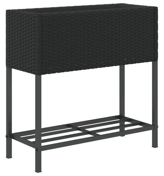 Fekete polyrattan kerti ültetőláda polccal