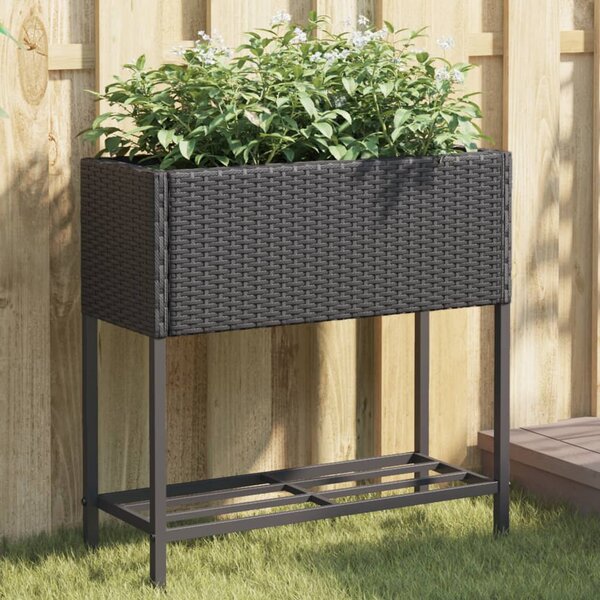 Fekete polyrattan kerti ültetőláda polccal