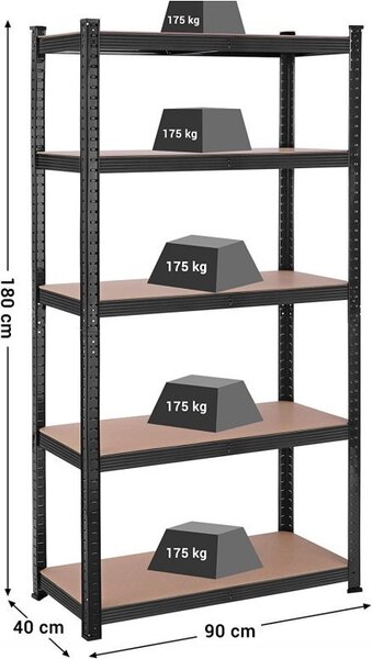 Polc 5 szintes, Songmics, 180 x 90 x 40 cm, fekete, GLR040B01