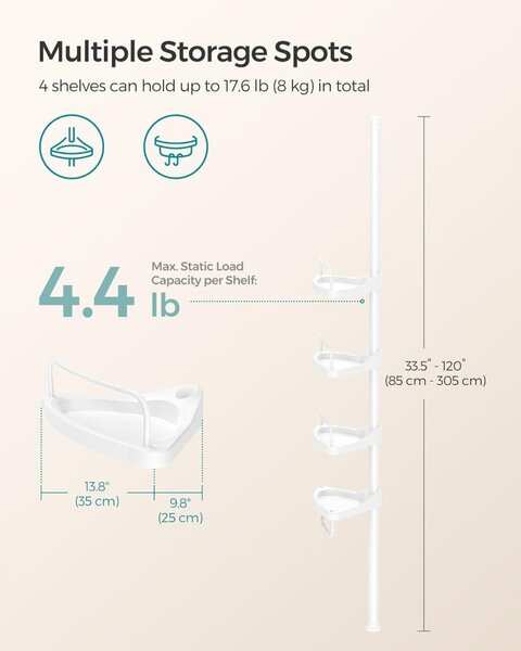 Fürdőszoba sarokpolc állítható, fehér 85-305cm