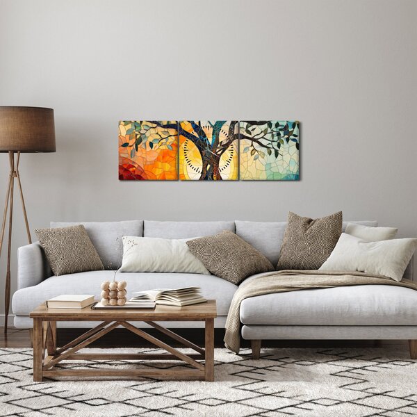 Kép – Mozaik – nap és fa I. (órával) (90x30 cm)