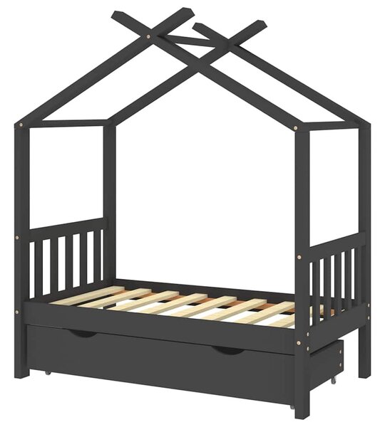Sötétszürke tömör fenyőfa gyerekágykeret fiókkal 70 x 140 cm