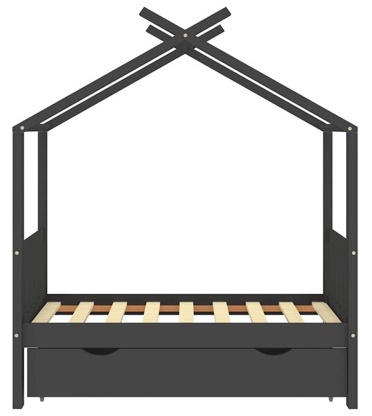 Sötétszürke tömör fenyőfa gyerekágykeret fiókkal 70 x 140 cm