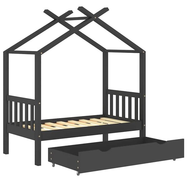 Sötétszürke tömör fenyőfa gyerekágykeret fiókkal 70 x 140 cm