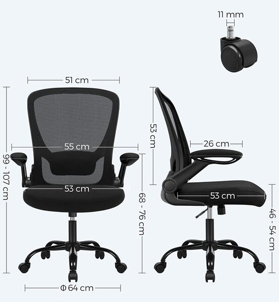 Irodai szék Songmics, fekete, 66x60x(99-107) cm