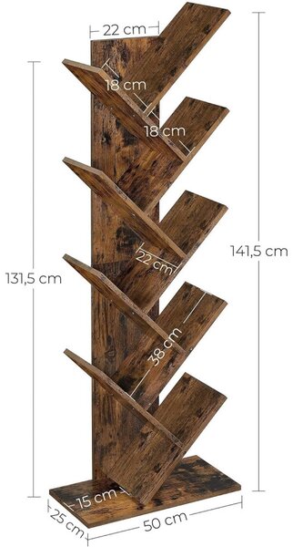 Könyvespolc, állópolc, rusztikus barna 50x25x141cm