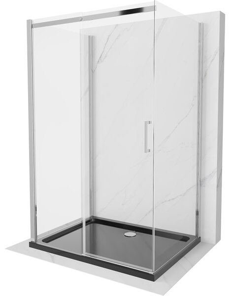 Mexen Omega, 3 falas zuhanykabin tolóajtóval 140 (ajtó) x 90 (fal) x 190 cm, 8mm átlátszó üveg, króm profil + fekete SLIM zuhanytálca, 825-140-090-01-00-3S-4070