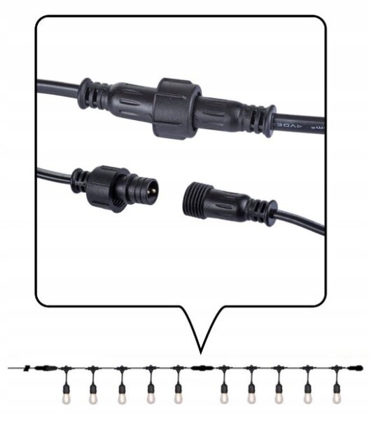 Kültéri fényfüzér kerti égősor girland 20m + 21db 1W LED izzó IP44 E27