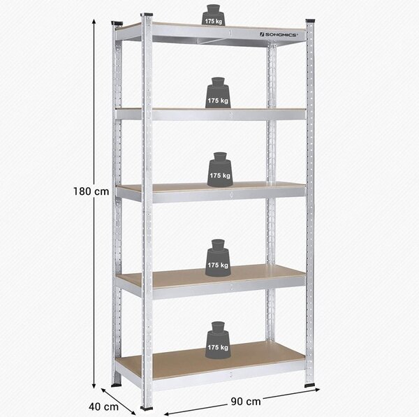 Polc 5 szintes, Songmics, 40 x 90 x 180 cm, ezüst, GLR40SV