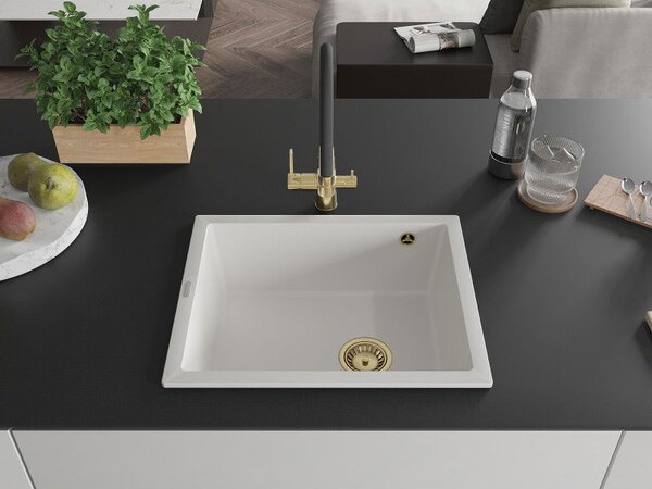 Mexen Pedro egymedencés gránit mosogató 560 x 460 mm, fehér, arany szifonnal - 6508561000-20-G