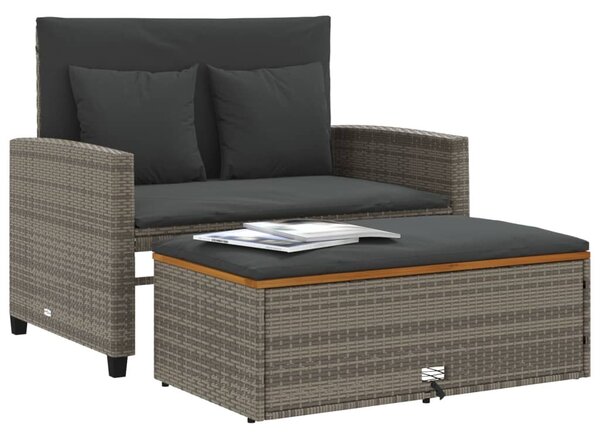 2 személyes szürke polyrattan/akácfa kerti kanapé párnával