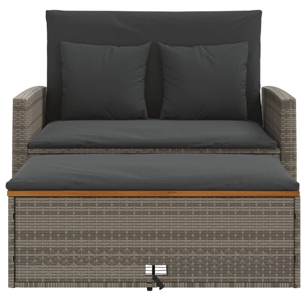 2 személyes szürke polyrattan/akácfa kerti kanapé párnával