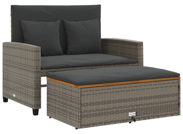 2 személyes szürke polyrattan/akácfa kerti kanapé párnával
