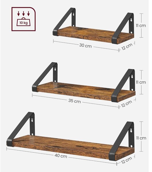 3 darabos fali polc szett, rusztikus barna 30/35/40cm