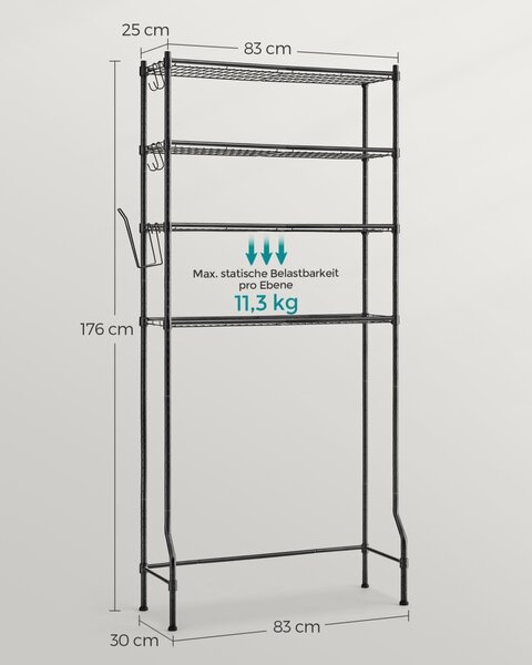 WC vagy mosógép fölé helyezhető polc, Songmics, fekete, 83x30x179 cm