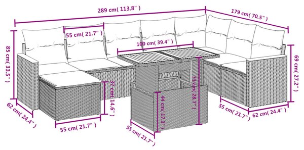 9 részes bézs polyrattan kerti ülőgarnitúra párnákkal