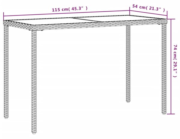 Szürke polyrattan üveglapos kerti asztal 115x54x74 cm