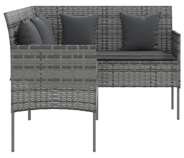 5 személyes szürke polyrattan L-alakú kanapészett párnákkal