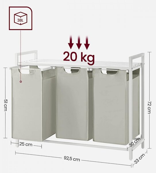 Szennyestartó, kihúzható és levehető ruhatartó zsákkal 3x38L, fehér