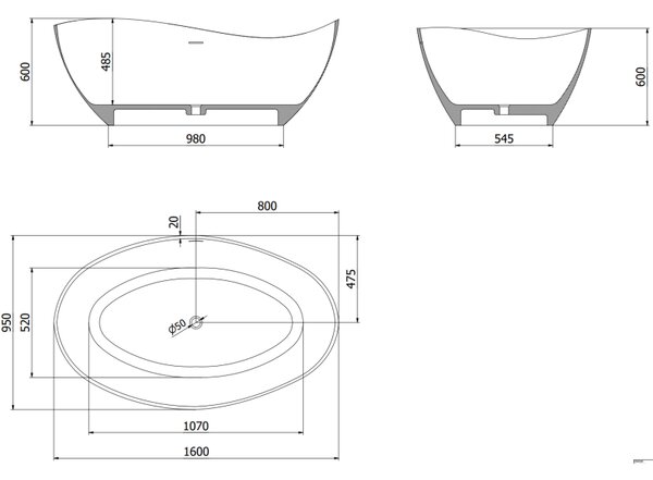 Mexen Parma szabadon álló kád konglomerátumból 160 x 95 cm, fehér matt - 57231609500