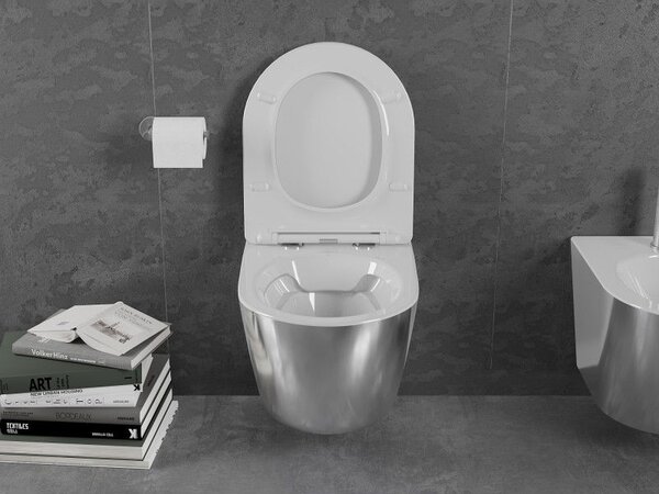 Mexen Lena perem nélküli WC-csésze lassan lecsukódó, vékony duroplast ülőkével, fehér/ezüst - 30224004