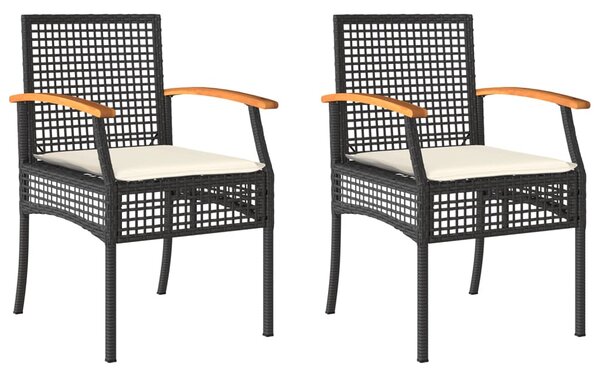 2 db fekete polyrattan és akácfa kerti szék párnákkal