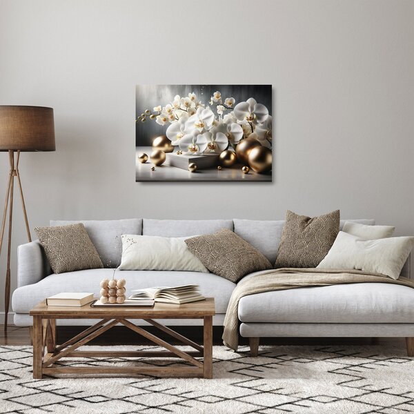 Üveg kép - Orchidea és aranygolyók (70x50 cm)
